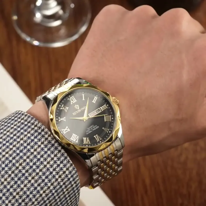 Novo relógio masculino luz de luxo high end marca negócios duplo calendário tira aço à prova dwaterproof água moda masculina relógios quartzo presente