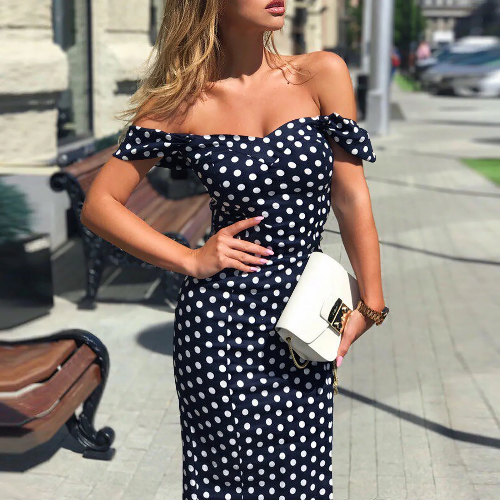 Women Polka Dot Printed Dress Sexy Off Shoulder Slim-Fit Formal Dresses Vestidos Para Mujer Summer Sundress платье женское