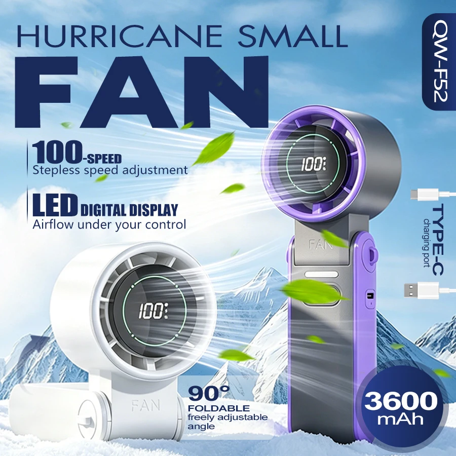 100 Speeds Handheld Fan, LED Display, 3600mAh Rechargeable, 90° Foldable with Carabiner, Quiet, 4-in-1 Desktop/Lazy/Neck USB Fan