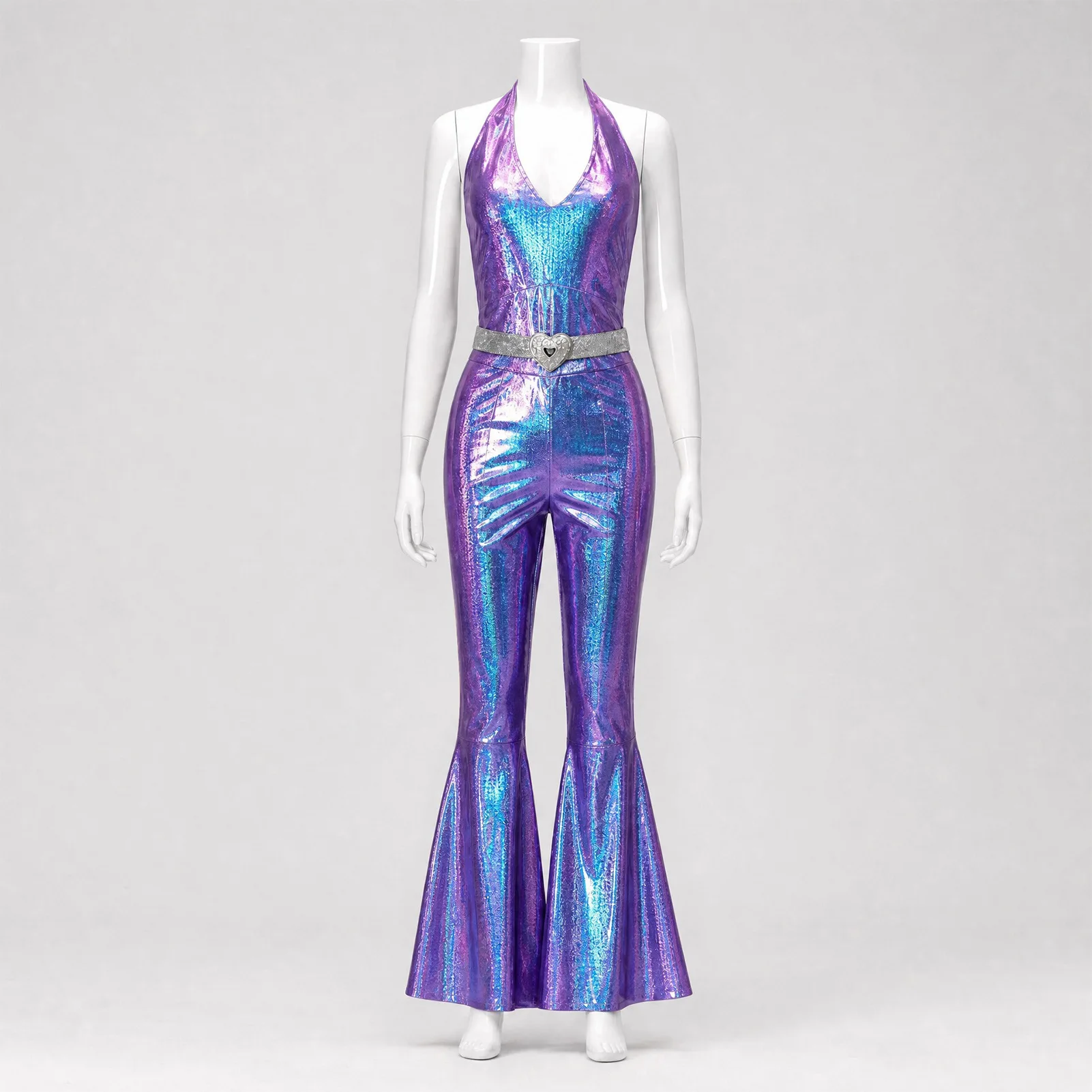 Funkelnder Metallic-Discobodysuit für Damen, ärmellos, mit V-Ausschnitt, rückenfrei, Schlaghose, 70er-Jahre-Nachtclub-Bühnen-Cosplay-Outfit – Detail 21