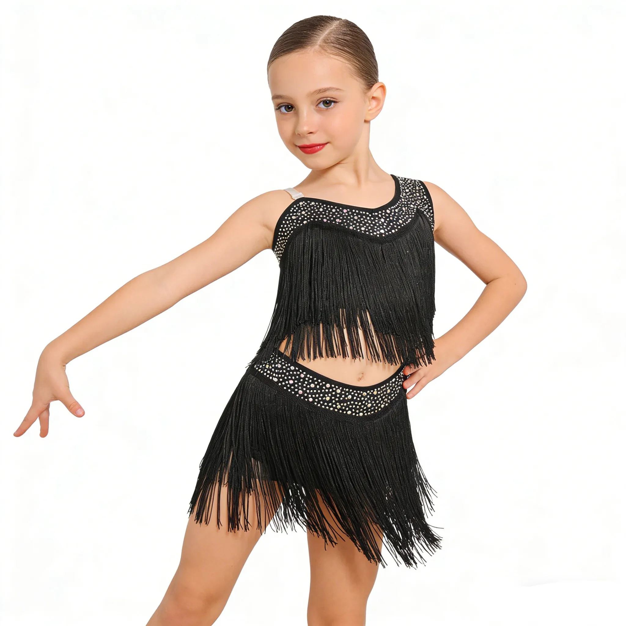 Teen Girl Shiny Rhinestones Cutout Tassel Latin Dance Leotard Dress Rumba Samba Cha-Cha Tango Salsa Ballroom Performance Costume