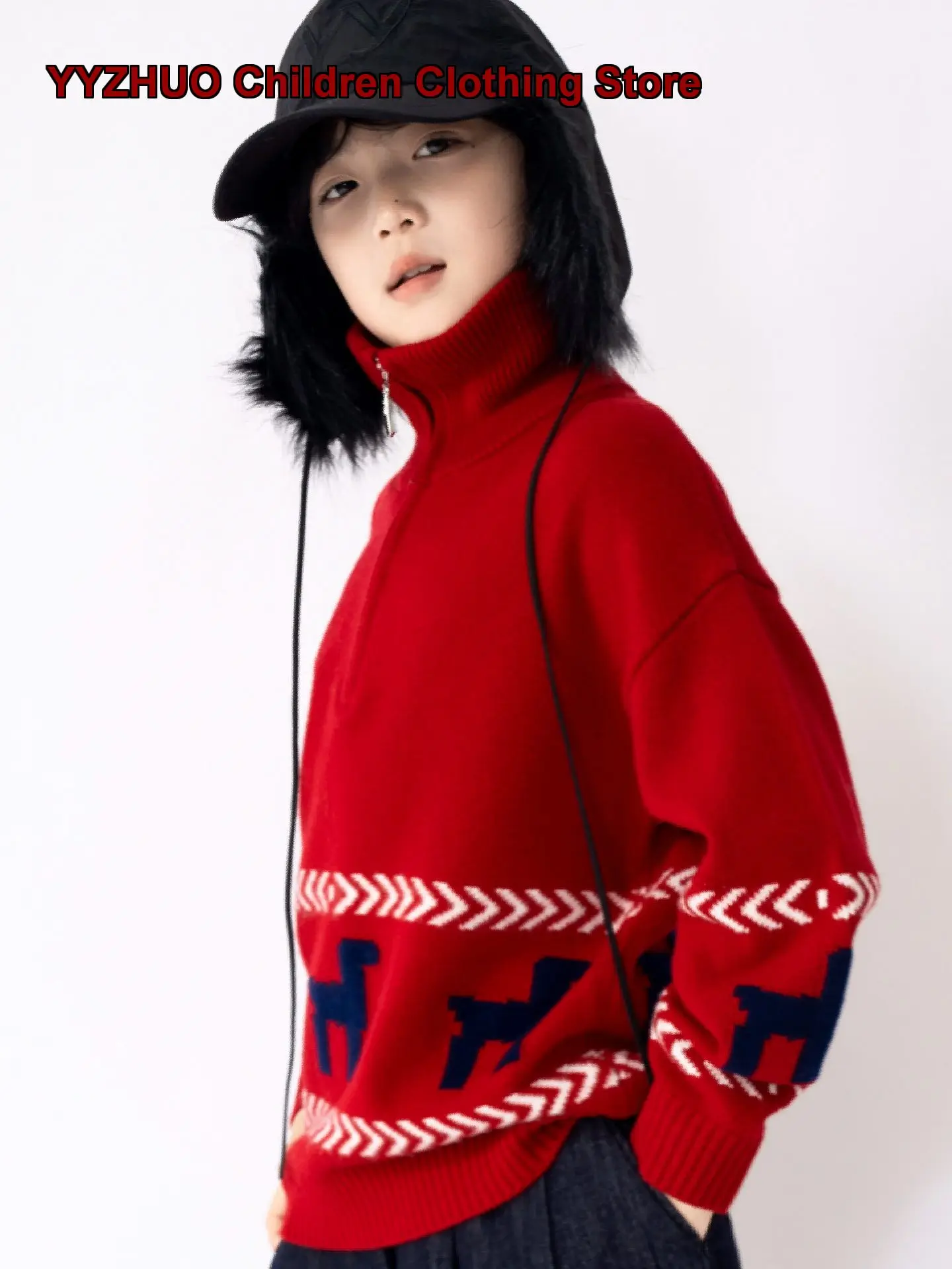 Boys Cardigan Christmas New Year Red Knit Top Cartoon Print Santa Pattern Zip Up Kids