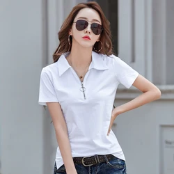 New 2024 Summer Women T Shirt Cotton Elegant Style Zipper Neck Fashion Office Lady Top Short Sleeve Polo For Women