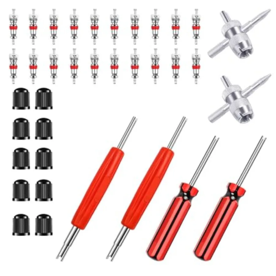 

Tire repair tool set: 6pcs valve stem remover single/double heads,4-way design, 10pcs caps, 20pcs cores, durable steel, black,