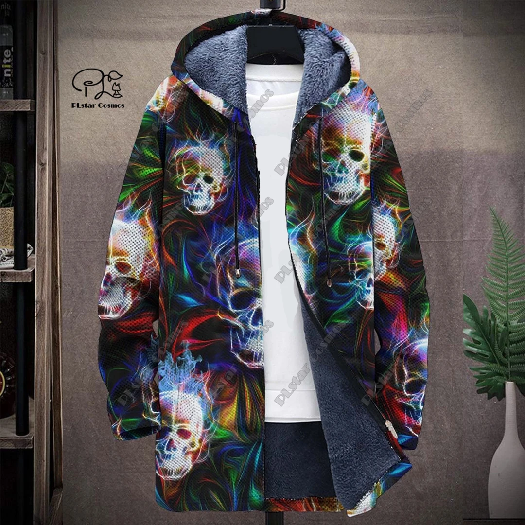 PLstar Cosmos 3D printed cat skull night star yi pattern winter men's hooded jacket winter casual thickened warm series -17