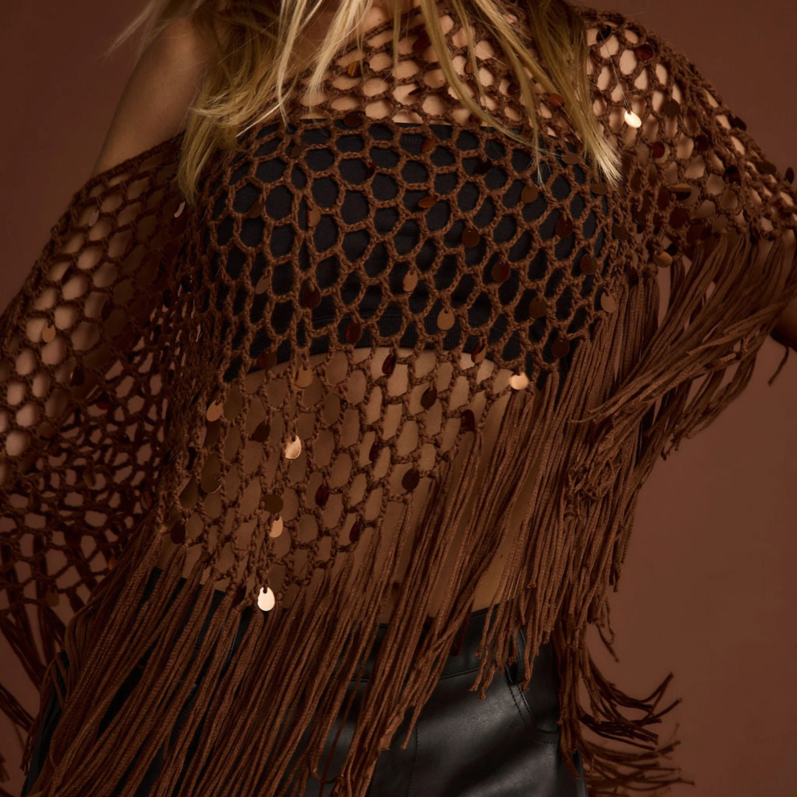 

Women Sequins Sheer Ponchos Off Shoulder Hollow Out Crochet Shaw T-Shirts Tassel Triangle Hem Knitwear Cover-ups Top