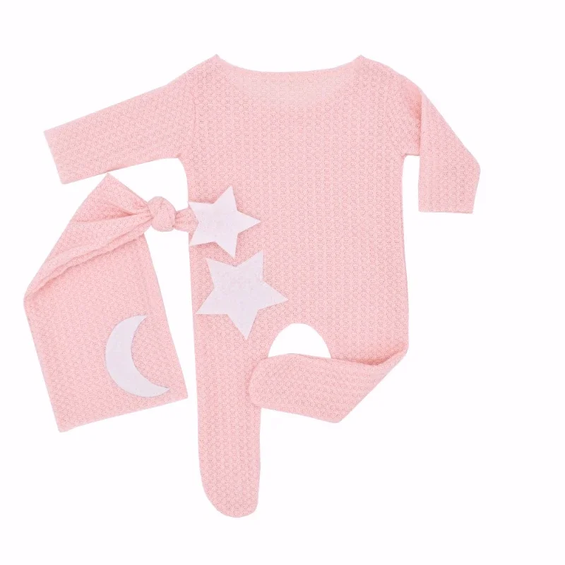 Newborn Baby 0 1 2 3 Months Photography Clothes Star Moon Decorative Knitted Jumpsuit Long Tail Hat Two-piece Suit Footed Romper