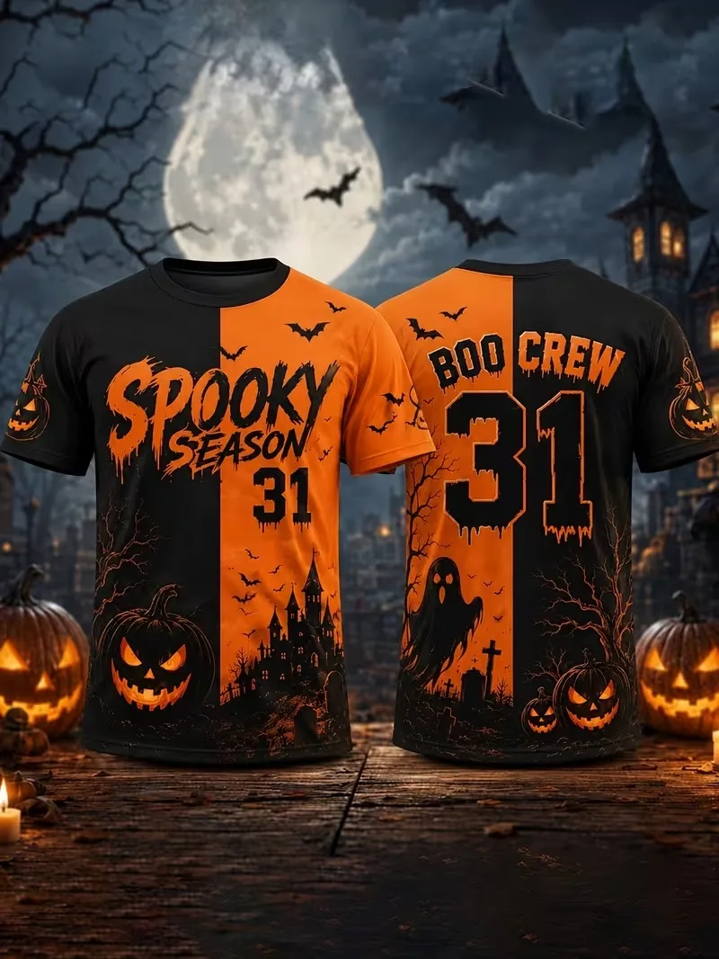 Yellow Black Split Halloween 3D Printed Jersey Spooky Season Boo‑Crew 31 T-shirt Pumpkin Ghost Bat Gothic Fall Party Sports Tees
