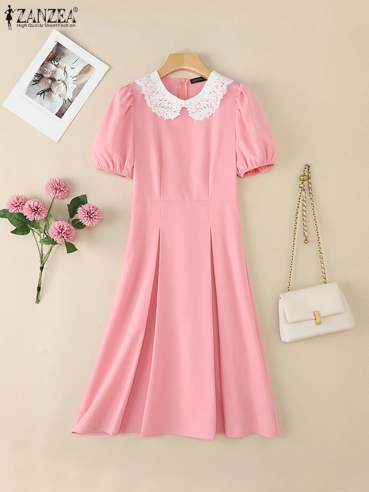 Eleganckie Sukienki Damskie 2025 ZANZEA Stylowa Sukienka na Imprezę Letnia Krótka Bufiasta Sukienka do Pracy OL Vestido Plisowana Sukienka Letnia Linia A Midi Robe