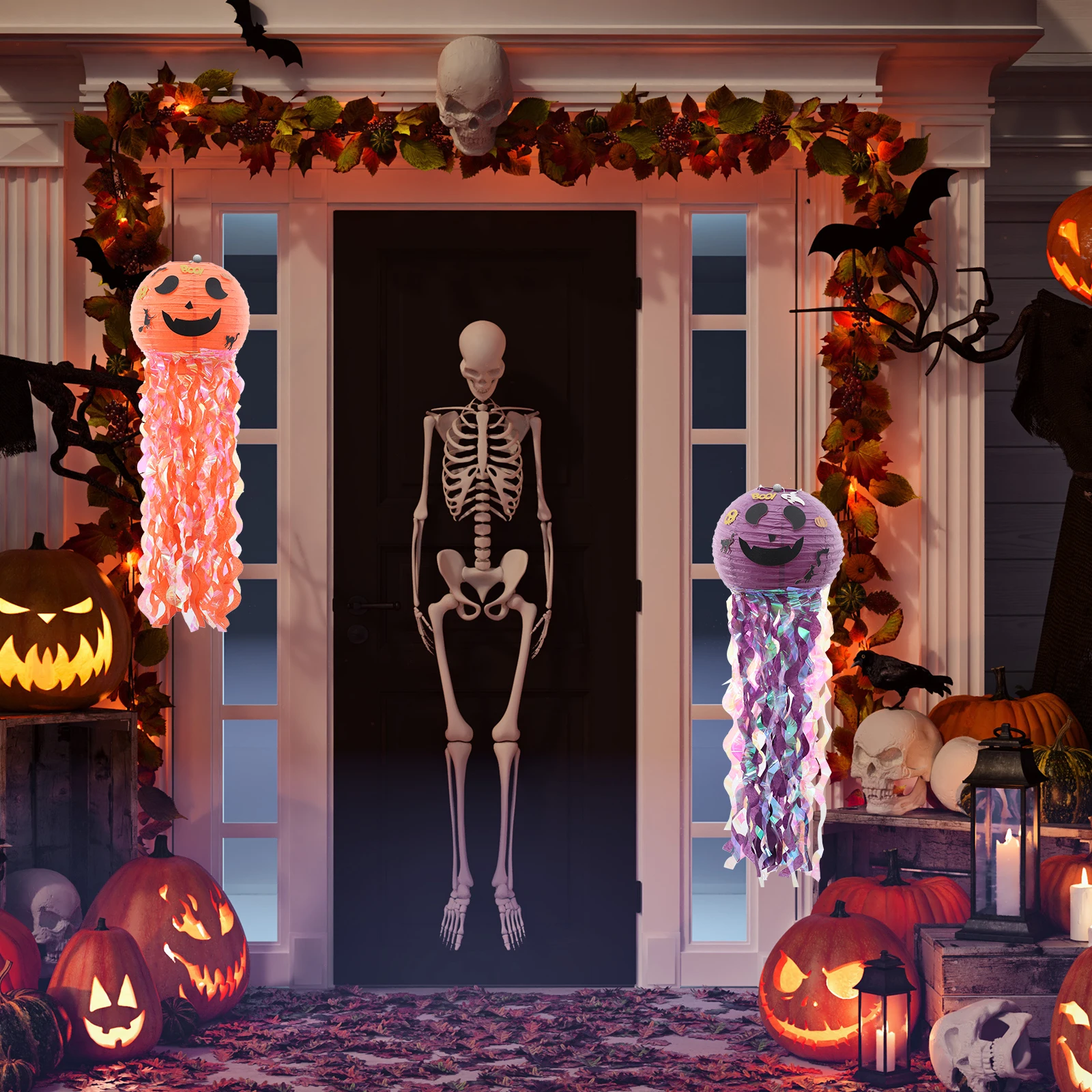 

2pcs Halloween Paper Lanterns Jellyfish Pumpkin Decorations Hanging Lights for Party Yard Haunted House Halloween Supplies