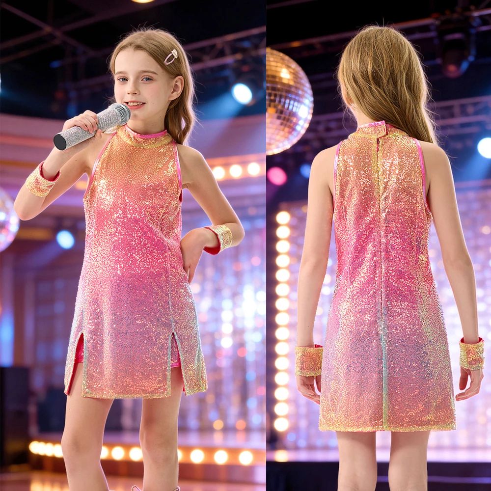LOlanta Girls Sequins Dance Clothes Dress Sparkle Hip Hop Jazz Dance Outfit Glowing Pink 4-12 Years