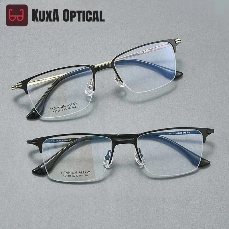 Okulary męskie KUXA, modne, z czystego tytanu, półramkowe, z soczewkami optycznymi, lekkie, do okularów korekcyjnych dla mężczyzn.