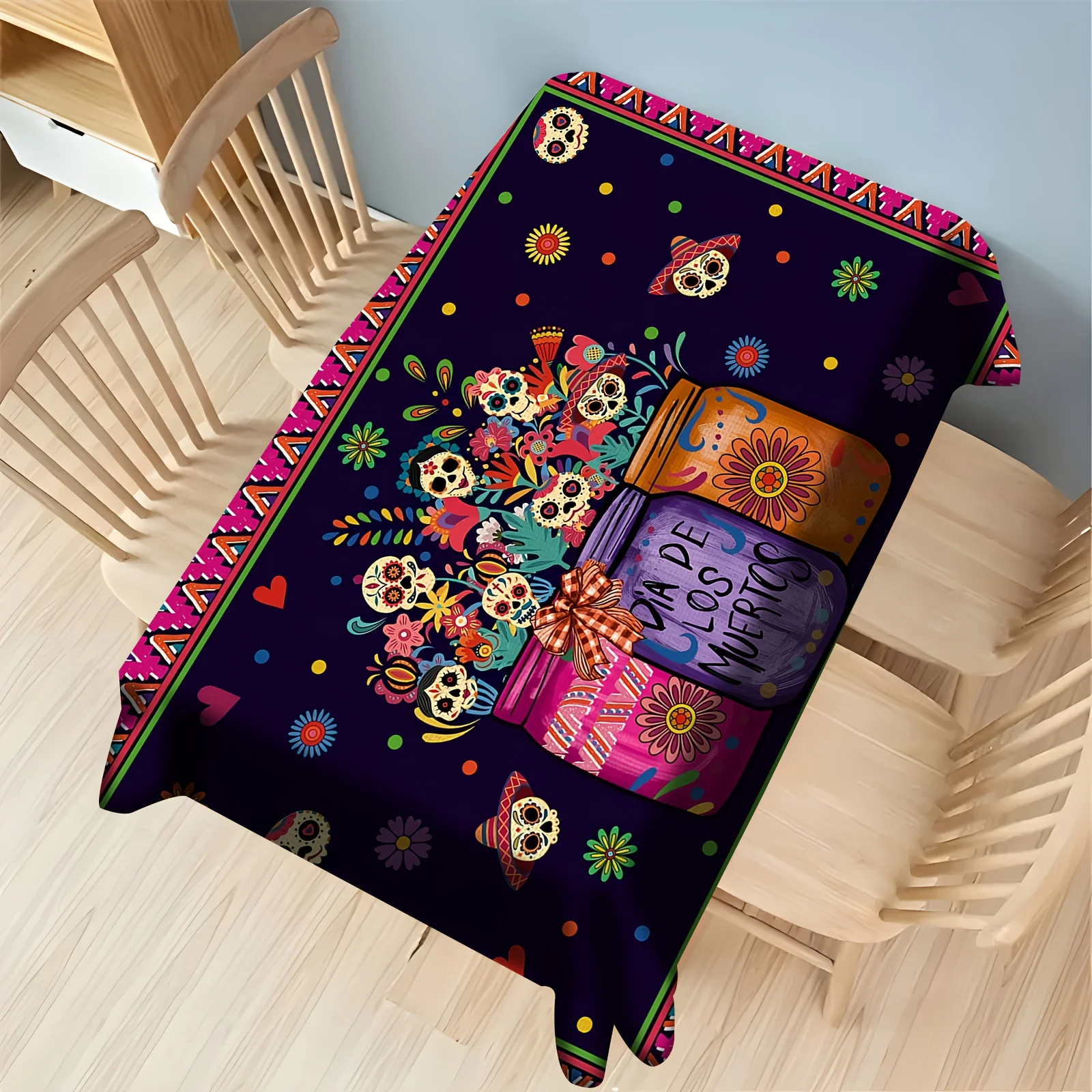 JIT - 1pc Mexican-themed printed decorative tablecloth, featuring bright skulls and floral designszyc
