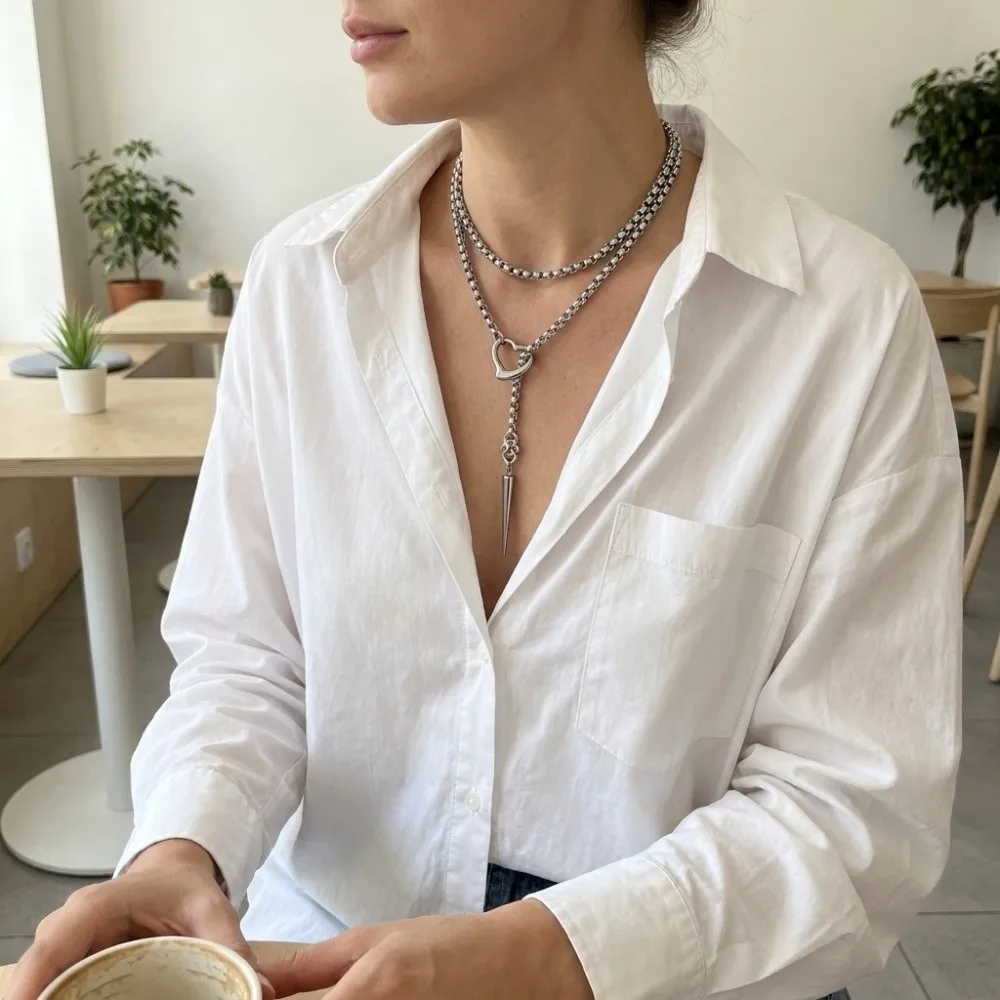Alloy Heart Spike Pendant Necklace Layered Chunky Chain Pointed Cone Pendant Y‑Shaped Tassel Choker Anti-Slip O-Ring Clasp
