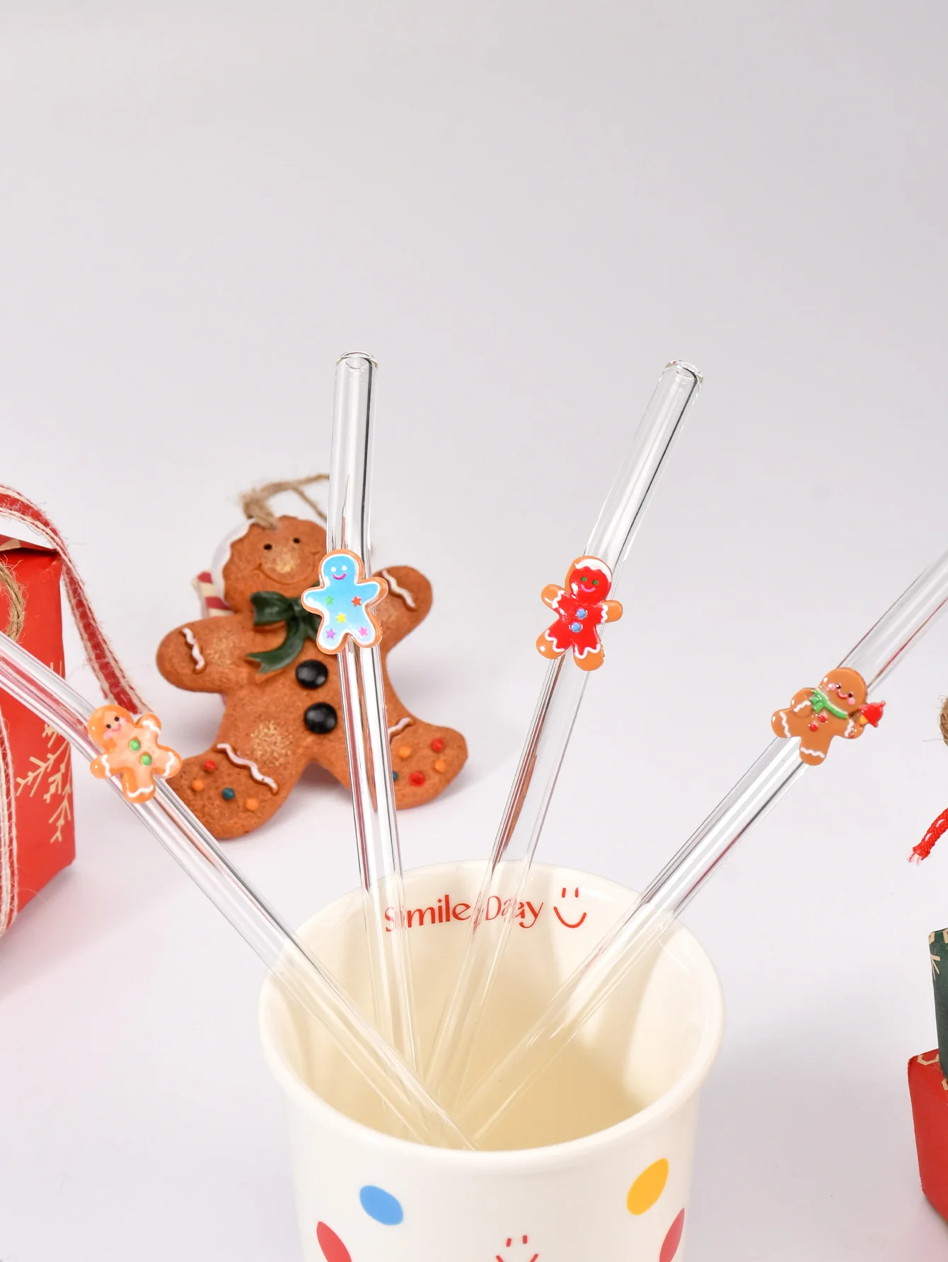 Pajitas reutilizables de 1/4 Uds., pajita de cristal estilo dibujos animados (hombre de jengibre) |   para té helado, batidos, Boba, jugos |   Ideal para fiestas