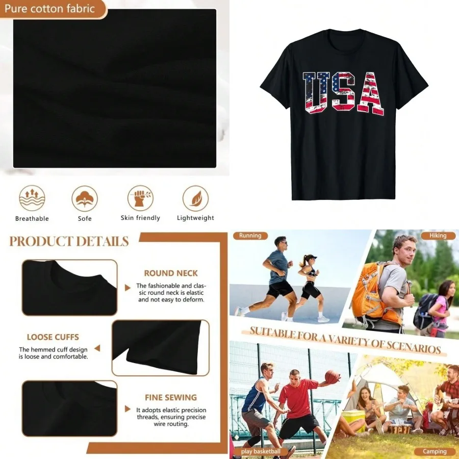 【Nuevo estilo】Camiseta unisex para adultos, niños y niñas, con diseño de bandera americana vintage, color negro, talla pequeña, corte clásico