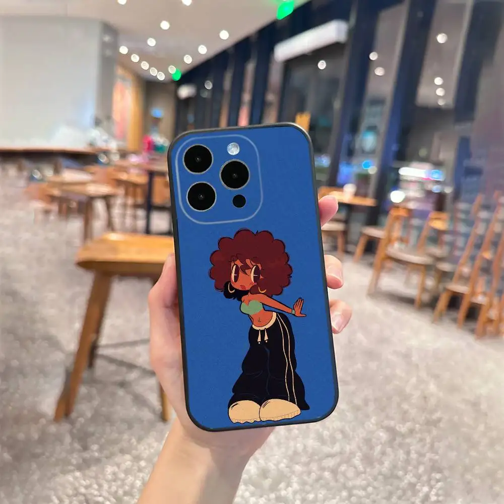 Schwarzes Mädchen A-afro Cartoon Handyhülle für iPhone 17,16,15,14,13,12 Plus, Max Weiche Silikon-Schutzhülle in Schwarz