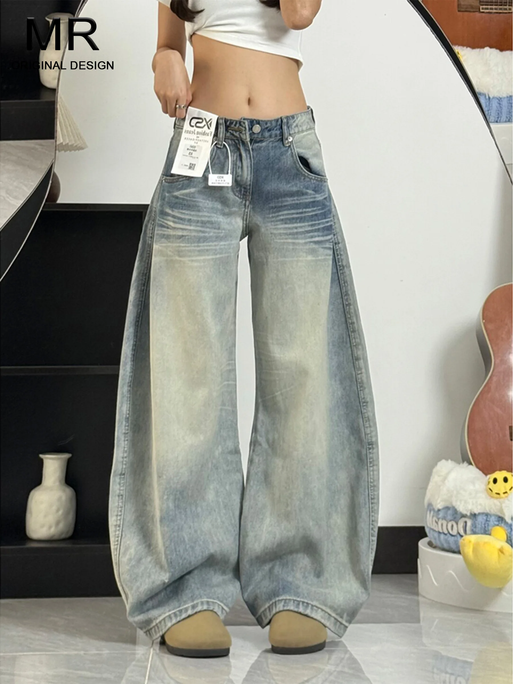 

Low Waist Wide Leg Blue Jeans Women's Loose Slimming Design Sensation Floor Length Knife Jeans Casual High Waist