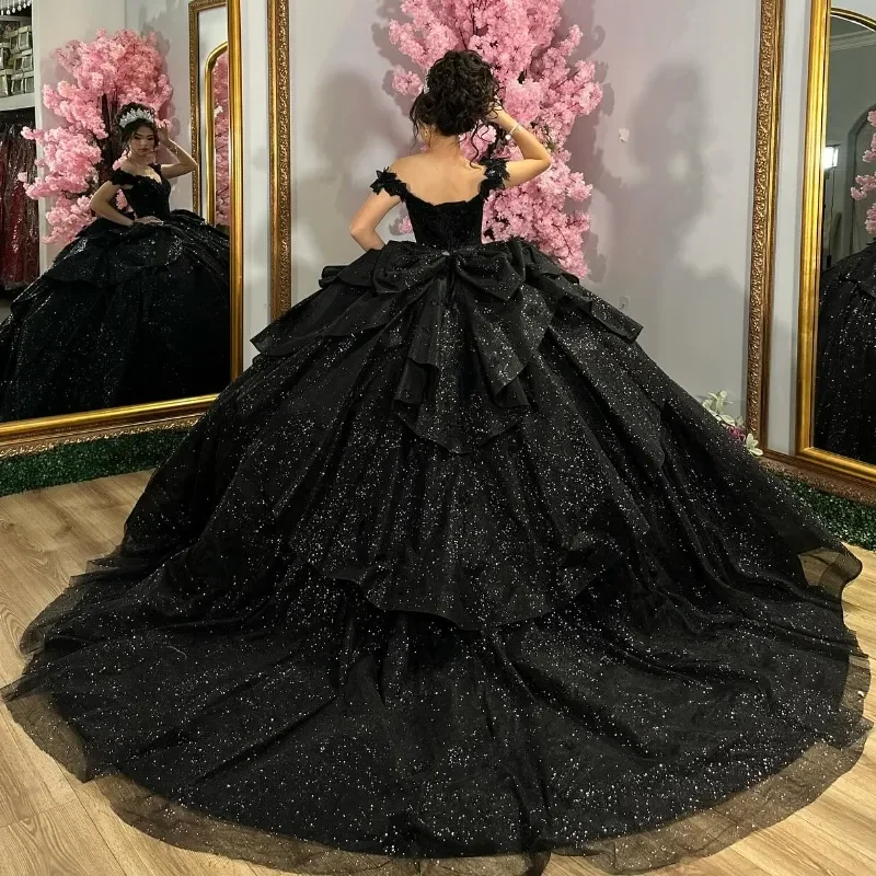 Черные платья Quinceanera с открытыми плечами, кружевное платье с бисером и кристаллами, тюлевое платье Vestidos 15 De Anos Sweet 16, платье по индивидуальному заказу