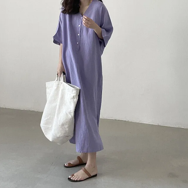 Lotte صيف جديد فضفاض قصير الأكمام منتصف طول القطن قميص كتان فستان بسيط فستان طويل رداء Vestido المرأة أنيقة