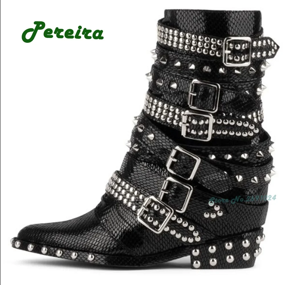 Gold Rivet Gladiator Ankle Boots Pointy Toe Block Heeled Buckle Women's Boots Winter 2023 New Side Zipper Solid Runway Shoes