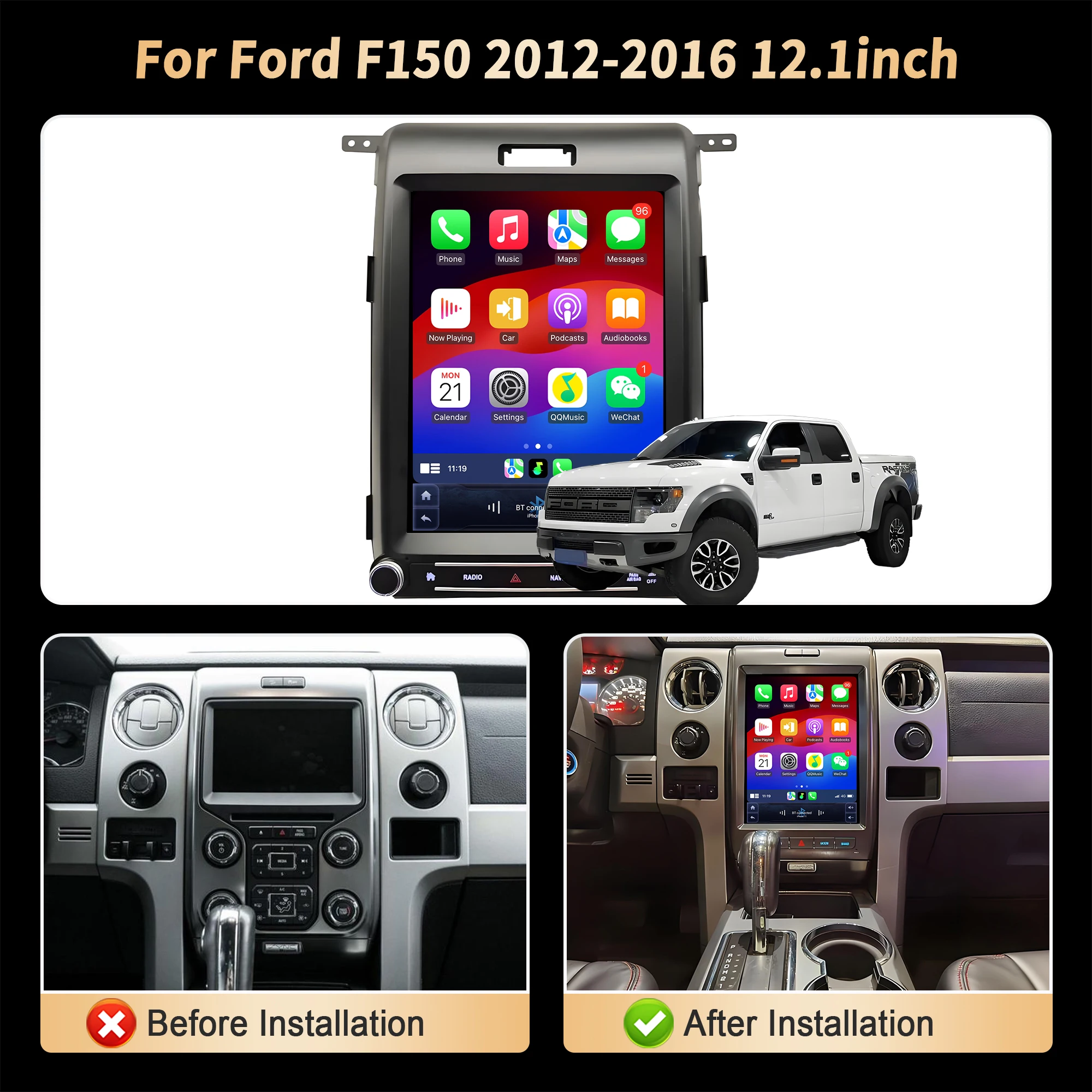 12.1 inch Car Radio Wireless Bluetooth CarPlay For Ford F150 2012-2016 4G GPS Android 14 Head Unit Touch Screen Stereo System