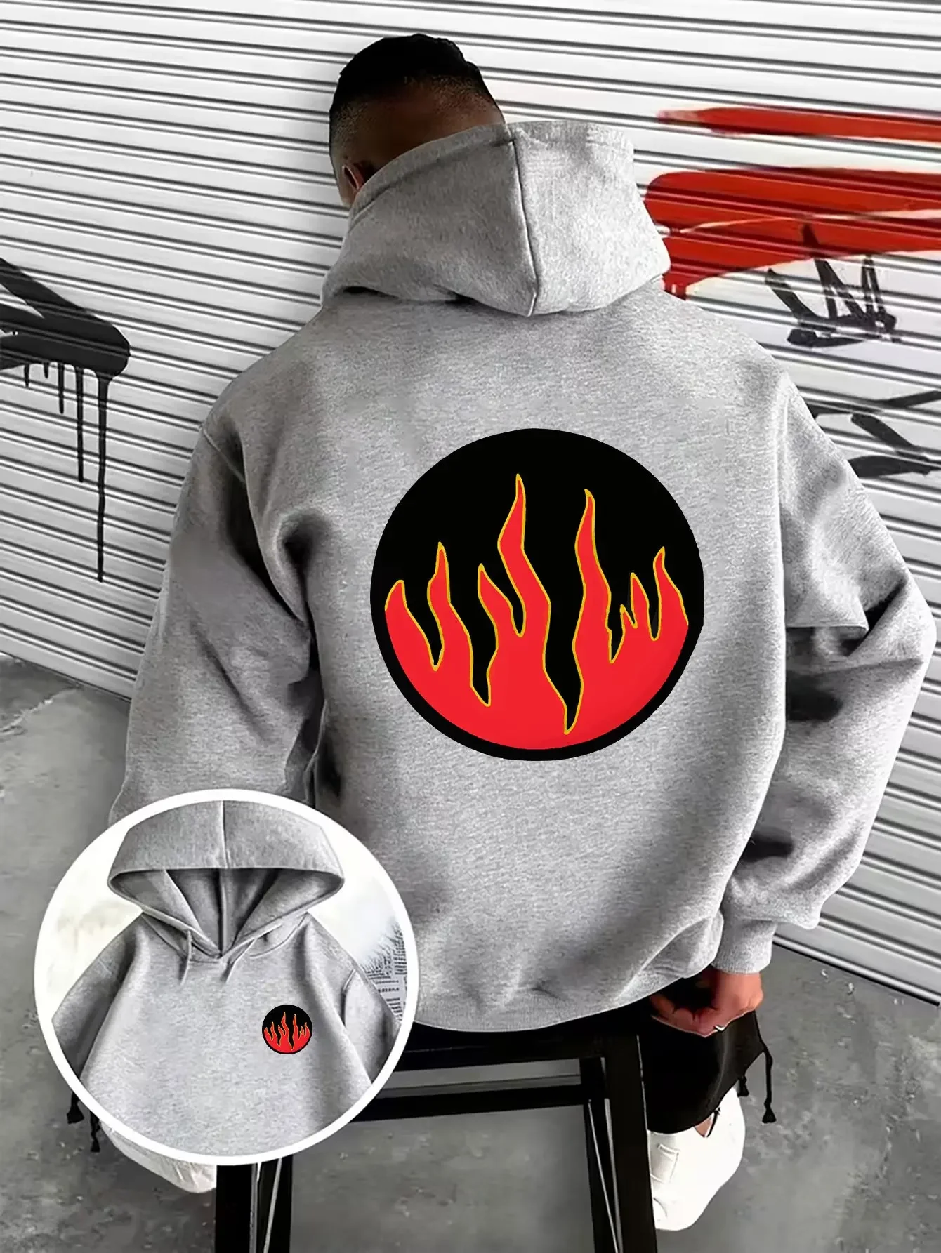 Men’s Circle Flame Graphic Hoodie Autumn Winter Fleece Lined Loose Fit Streetwear Casual Hooded Pullover Sweatshirt