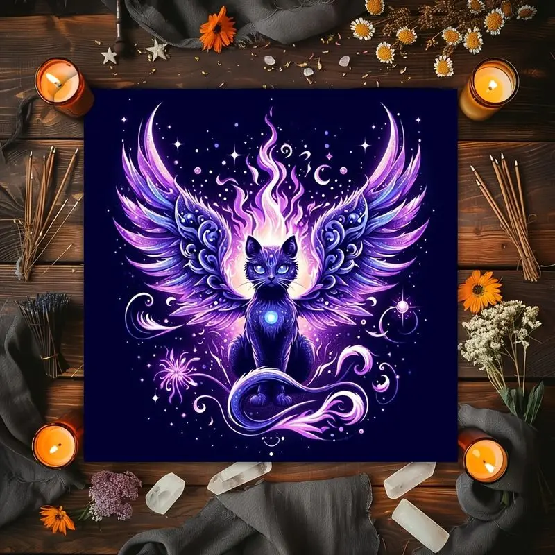 VIKAMA Colorful Starry Sky Wings Cat Tarot Tablecloth Mysterious Divination Altar Cloth Ritual Table Mat Background Cloth