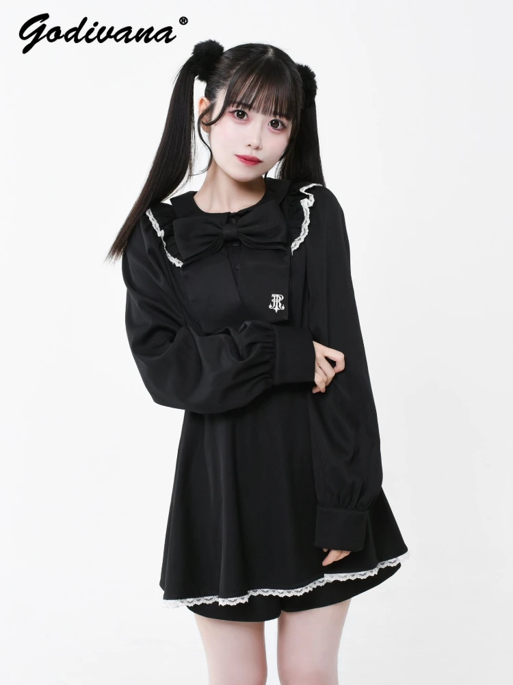 Japanese Mine Autumn Girl Harajuku Dress Set Autumn New Bow Tie Women's Long-sleeved Shirt Dress and Shorts 2-piece Set Outfits