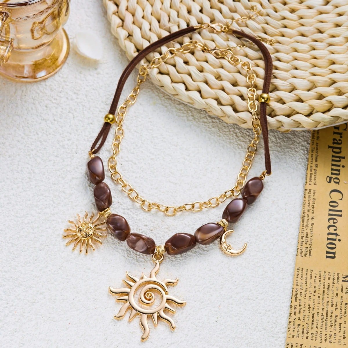Doppelschichtige Unregelmäßige Schwarze Harzperlen Spiral-Sonne-Mond-Anhänger Halskette für Frauen und Männer Ethnischer Stil Sonnenblumen-Choker Schmuck – Detail 28