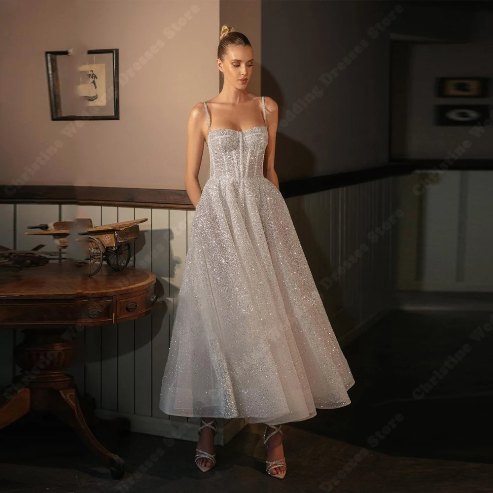 Brillanti abiti da sposa da donna a-line squisiti abiti da sposa con superficie in Tulle di paillettes Sexy tracolla sottile Vestidos De Novias 2024