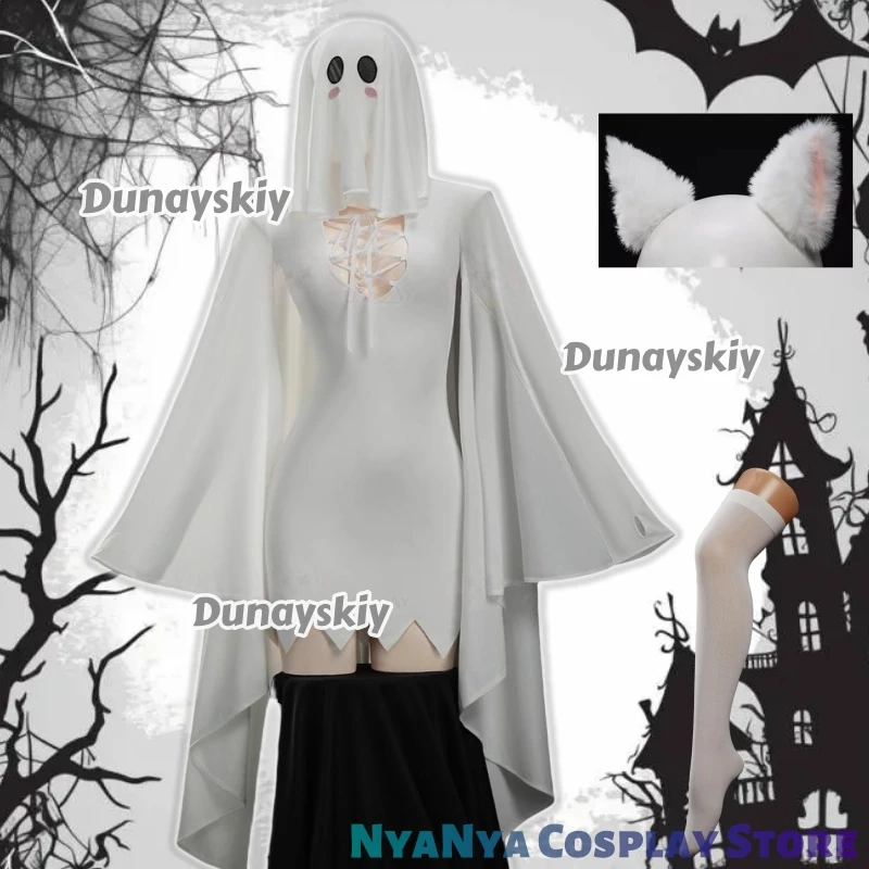 Vestido ajustado elástico con orejas de gato blanco, disfraz de chica de gato fantasma, disfraz de personaje del juego de Anime, traje de fiesta de Halloween para mujer y niña