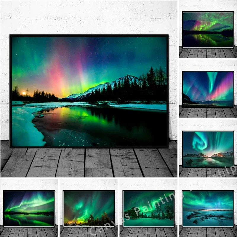 Aurora Borealis Canvas Print  Northern Lights Scenery Wall Art for Home Decor Natural Landscape Polar Lights Poster