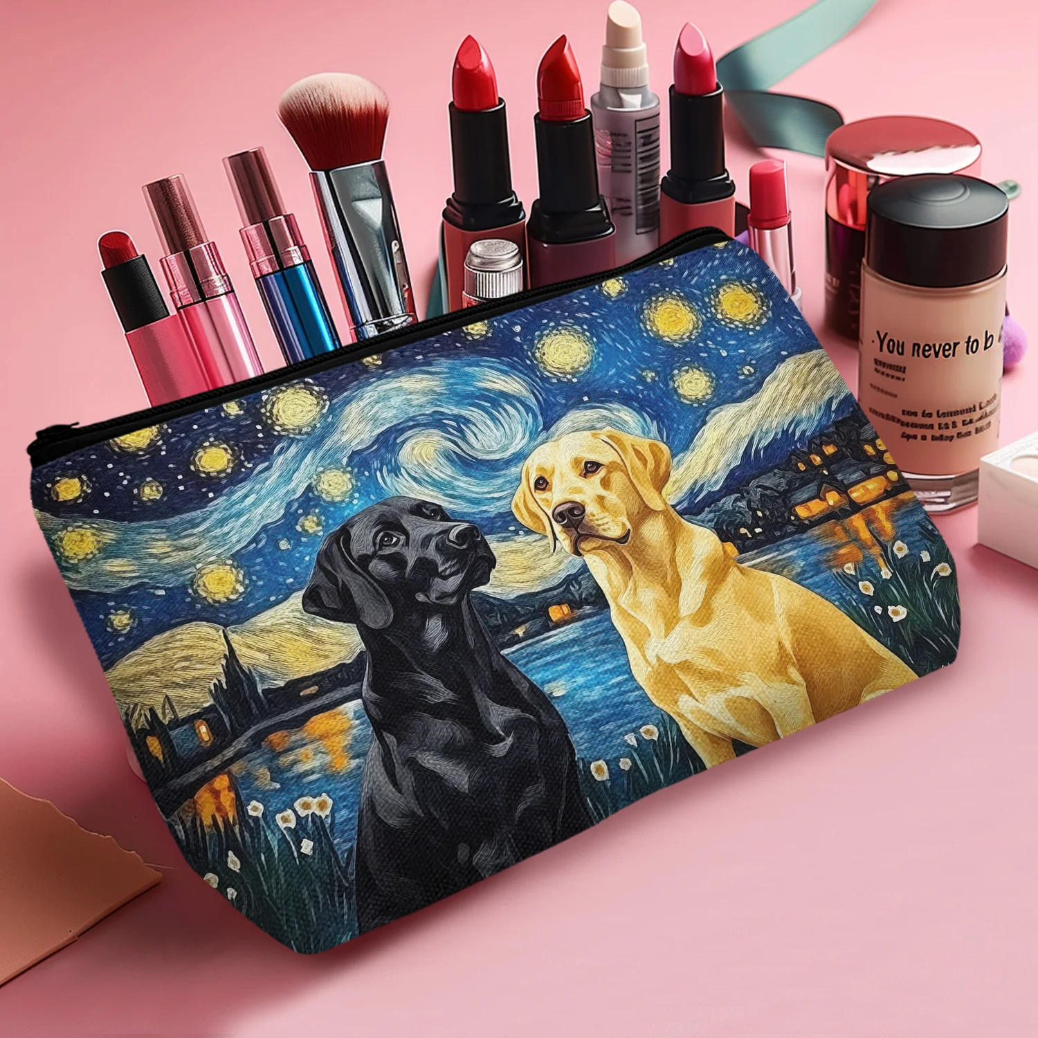 1Pc Van Gogh Starry Night Labrador Dog Print Makeup Bag Lightweight Cosmetic Pouch With Zipper Cartoon Pattern 8.66x5.51Inch