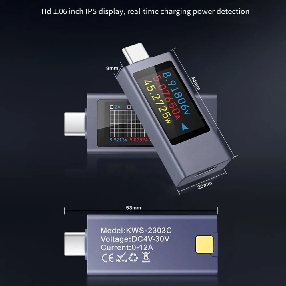 2 قطعة 240 واط USB C تستر متر شحن الهاتف تستر متر الجهد الحالي متر KWS-2303C الألومنيوم الهاتف المحمول شحن الكاشف