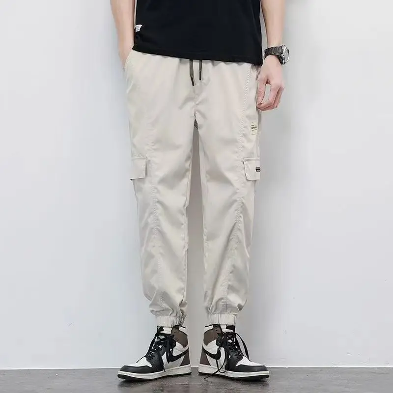 

Spring Autumn Men's Clothing Solid Color Elastic High Waist Drawstring Pockets Casual Trousers Bloomers Cargo Preppy Style Pants