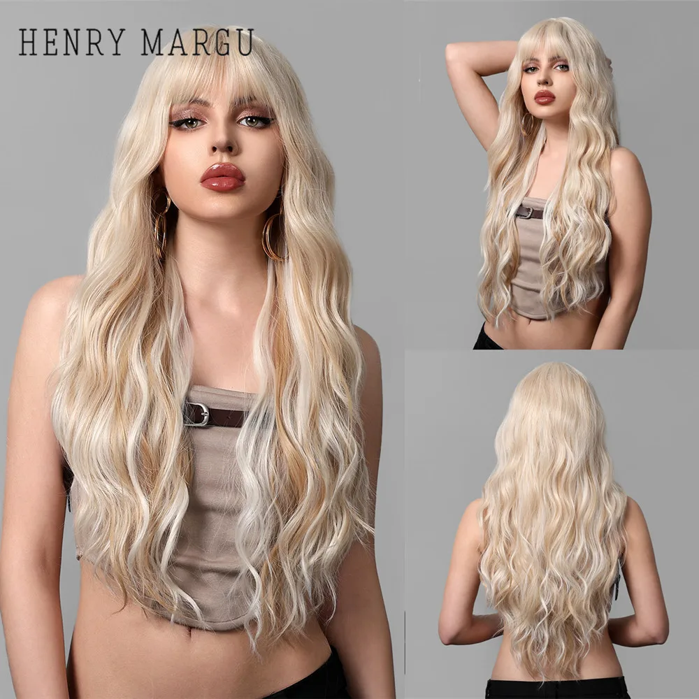 HENRY MARGU Light Blonde Layered Wavy Synthetic Wig for Women Long Mixed Blonde Hair Wig Soft Fluffy High Temperature Daily Wig