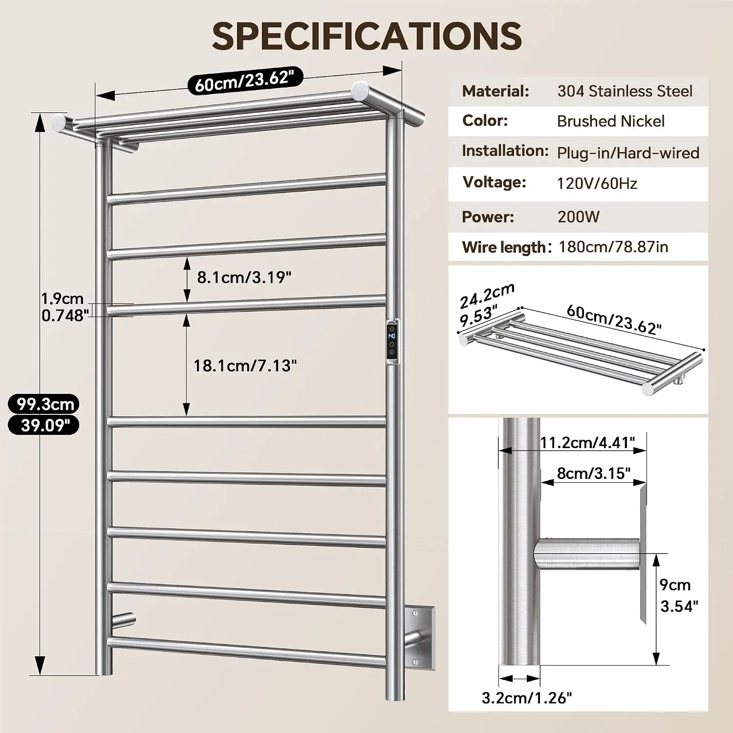 Electric Heated Towel Rack for Bathroom, 8+3 Bars, Silver