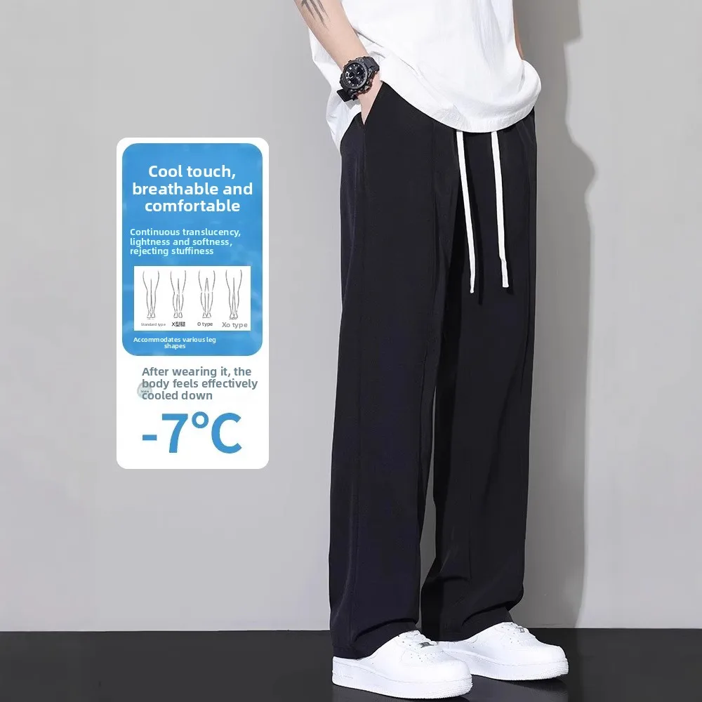 

Ice Silk Men's Casual Pants Summer Thin Wide Leg West Pants Straight Cut Qui Dry Sports Long Trousers Busin Gentleman Sle