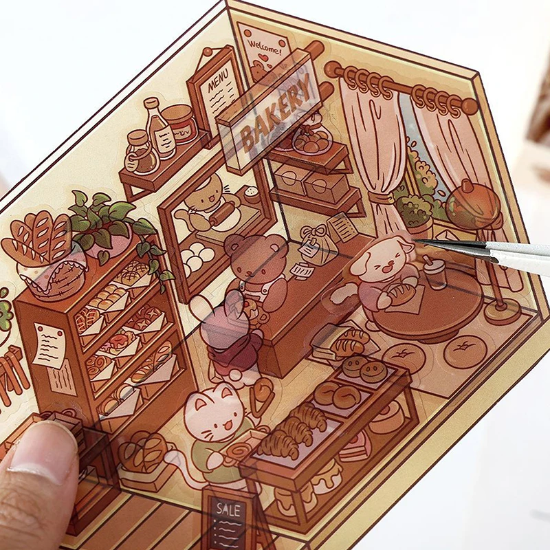 1set Cartoon Pocket DIY Scene Landscaping Decoration Sticker 3D Landscape Hut Handbag Decals PET Sticker