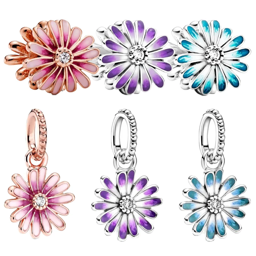 Hot Sale Pink Purple Blue Daisy Flower Pendant Charm Beads Fit Original 925 Sterling Silver Bracelet DIY Jewelry Gift