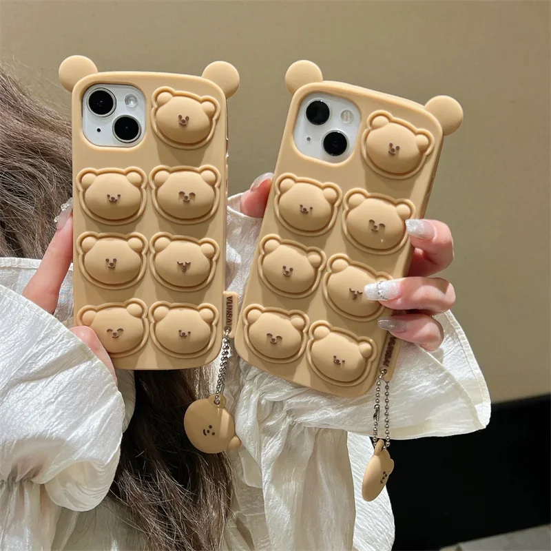 Силиконовый чехол для телефона с милым мультяшным принтом Push Pops 3D Bear для iPhone 12, 13, 14, 15, забавный чехол для снятия стресса с пузырьками, игрушки, новый чехол для телефона