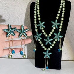 Vintage Blue-green Pearl Crystal Tassel Earrings Multi-layer Layered Necklace Set