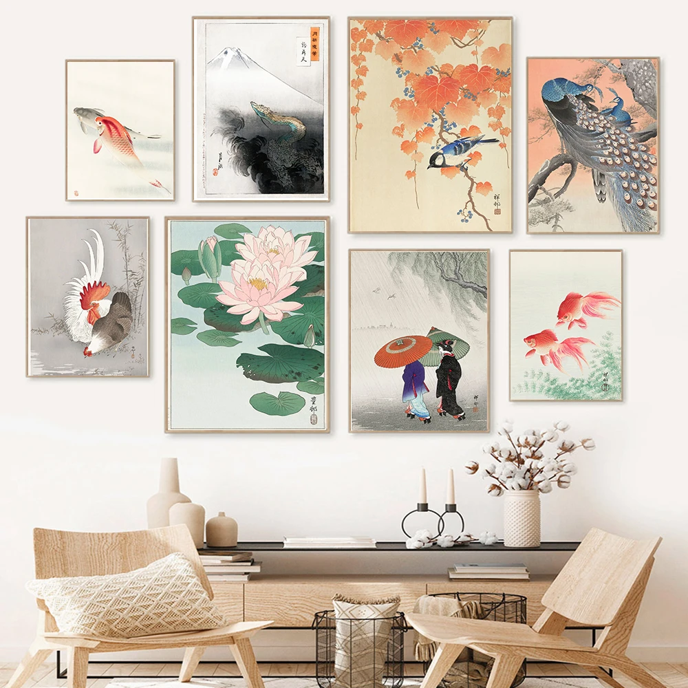 

Japanese Travel Canvas Prints Flower Fishes Landscape Art Exhibition Poster Painting Retro Wall Pictures For Living Room Decor