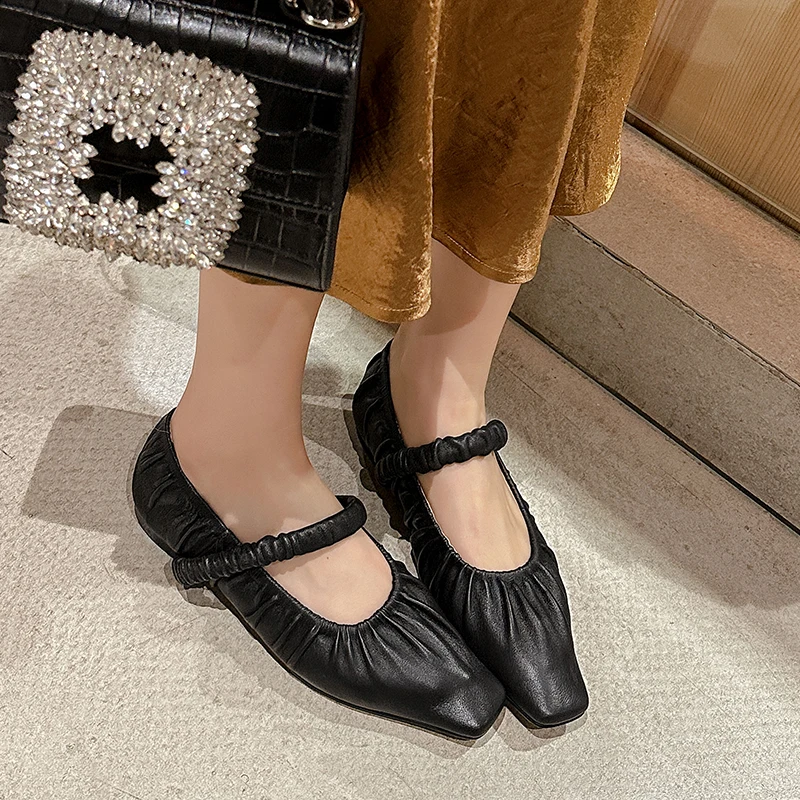 Fashion Pleated Women Flats Shoes Spring Summer New Genuine Leather Shoes Woman Low Heels Square Toe Mary Janes Shoes Size 34-39