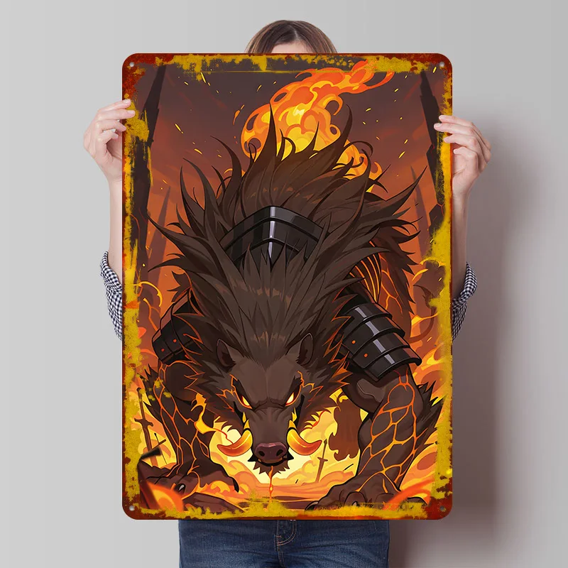Armored Boar in Fiery Landscape Poster Customized Wall Art Vintage Metal Signs Retro Tin Plaque for Man Cave Garage Decoration