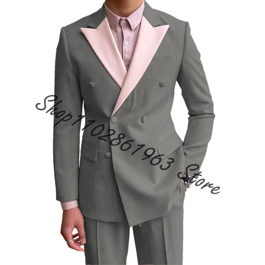 Pink Peak Lapel Linen Men Suits Double Breasted 2 Pieces Male Suits Blazer Pants Casual Wedding Groom Tuxedos Trajes De Hombre