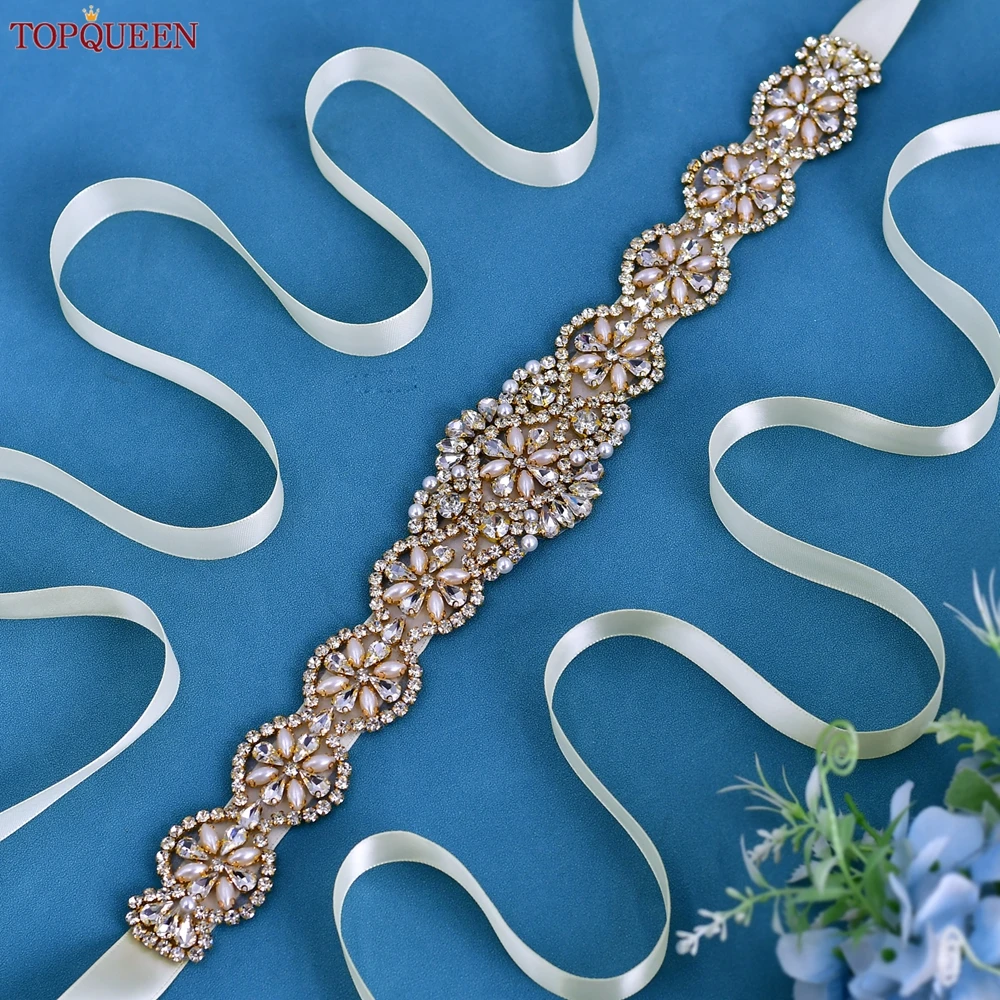 Topqueen S161-G Bruiloft Gouden Riem Parel Strass Riemen Voor Jurken Diamant Applique Trim Kralen Decoratie Voor Wedding Bridal