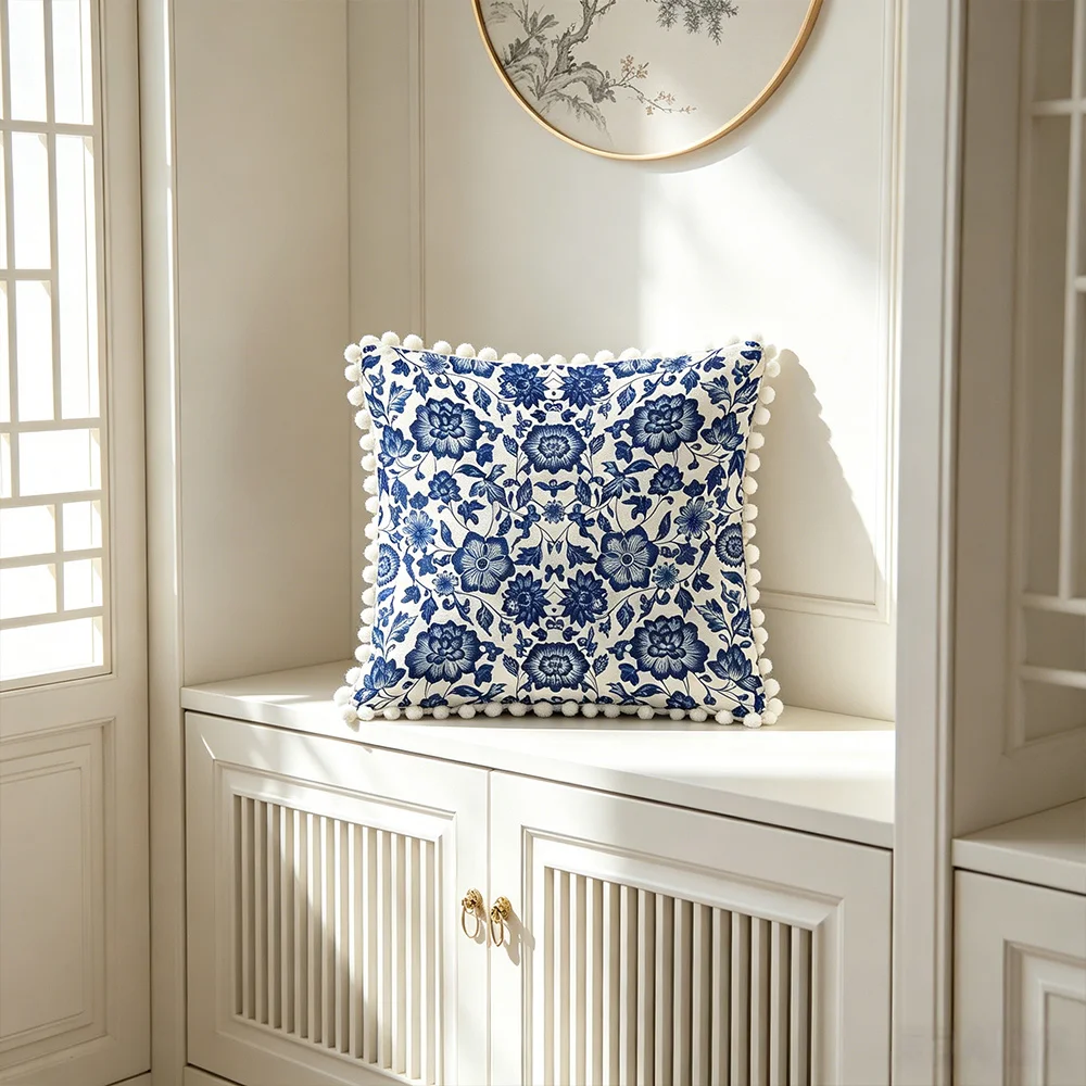 1PCS New Chinese Style Blue And White Porcelain Floral Tassel Edge Decorative 100% Polyester Fiber Pillowcase Machine Washable I