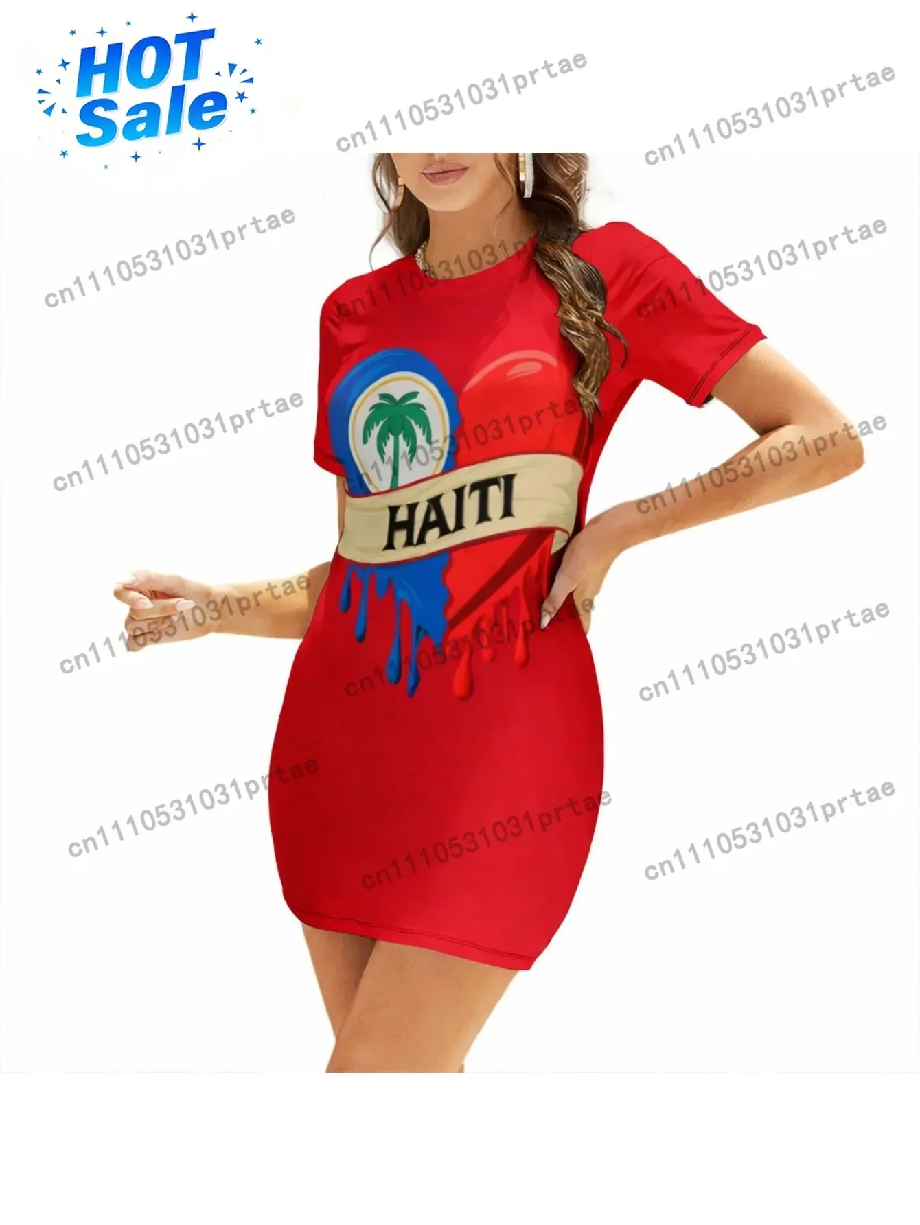 Women' Vibrant Haiti Pride Dress - Short Sleeve Bodycon Mini Dress with Haitian Palm Tree Emblem & Split Red/Blue Heart Print, S